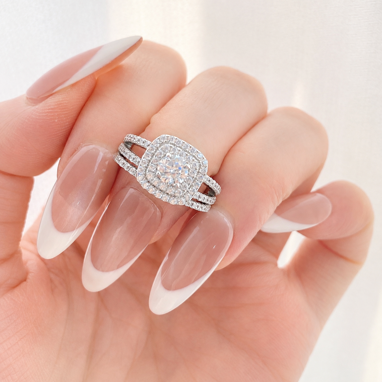 “Sugar Halo” White Gold Plated S925 Sterling Silver Zircon Stacking Ring Set