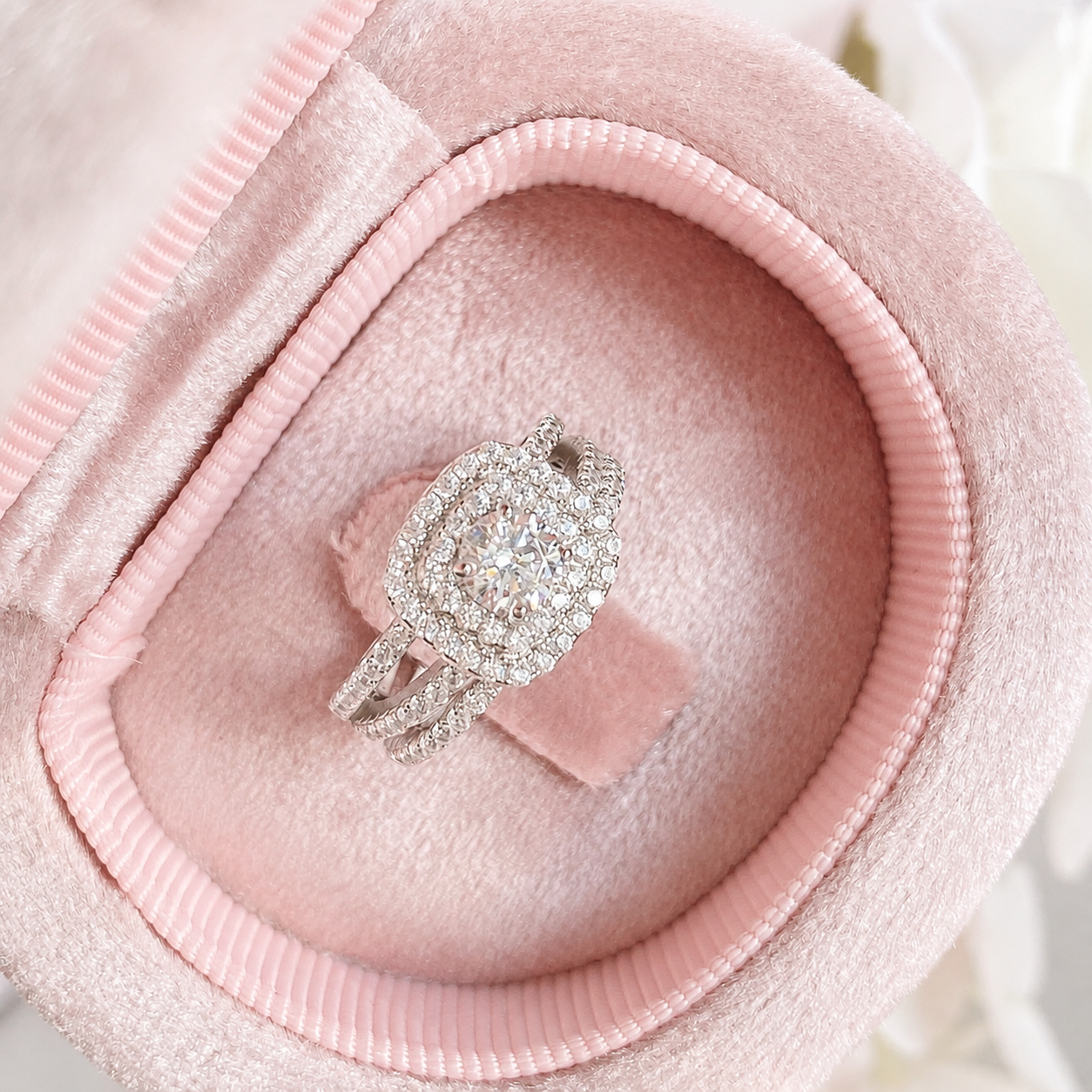 “Sugar Halo” White Gold Plated S925 Sterling Silver Zircon Stacking Ring Set