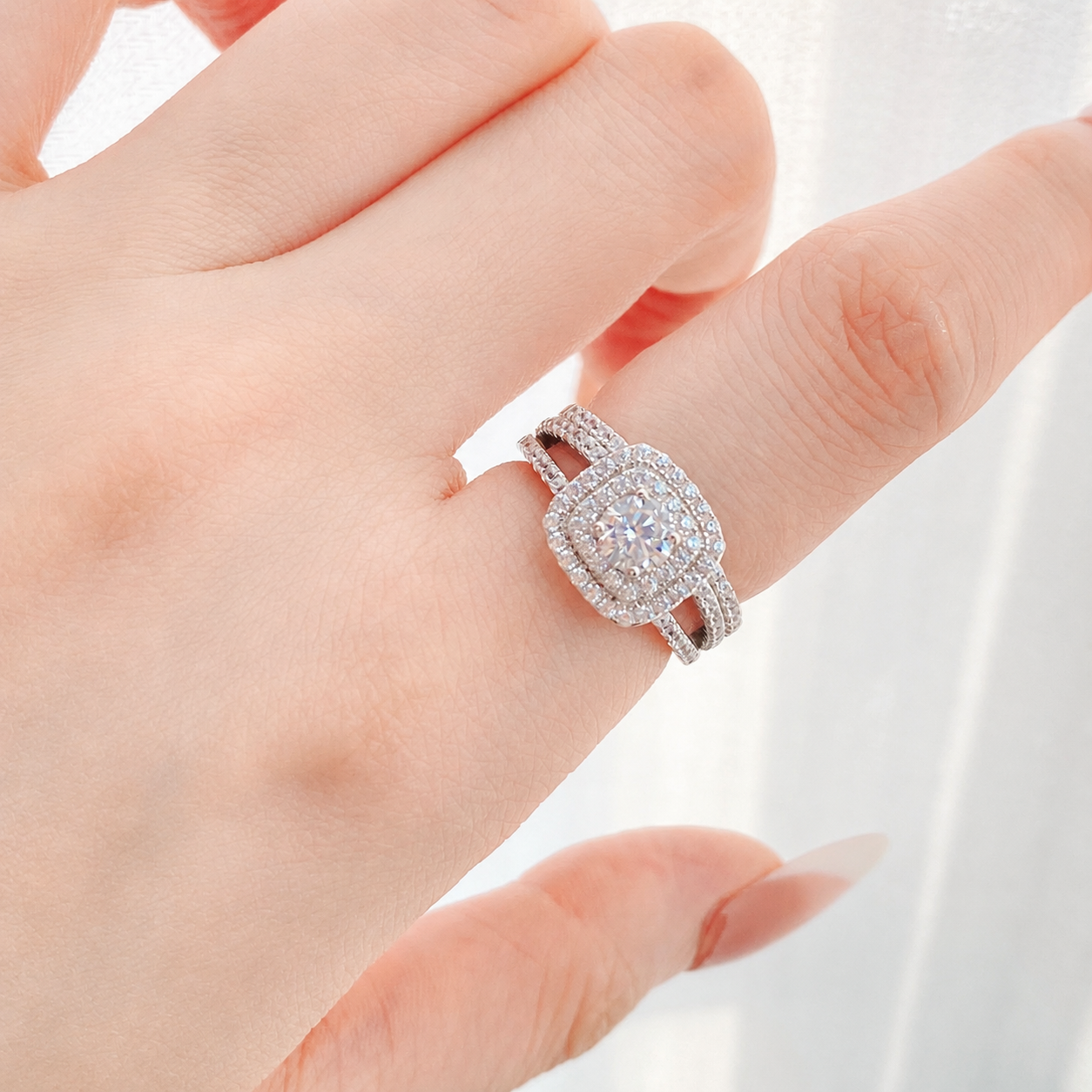 “Sugar Halo” White Gold Plated S925 Sterling Silver Zircon Stacking Ring Set