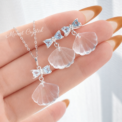 “Summer Keepsake” S925 Sterling Silver White Crystal Shell Necklace & Earrings Set