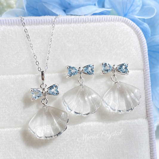 “Summer Keepsake” S925 Sterling Silver White Crystal Shell Necklace & Earrings Set