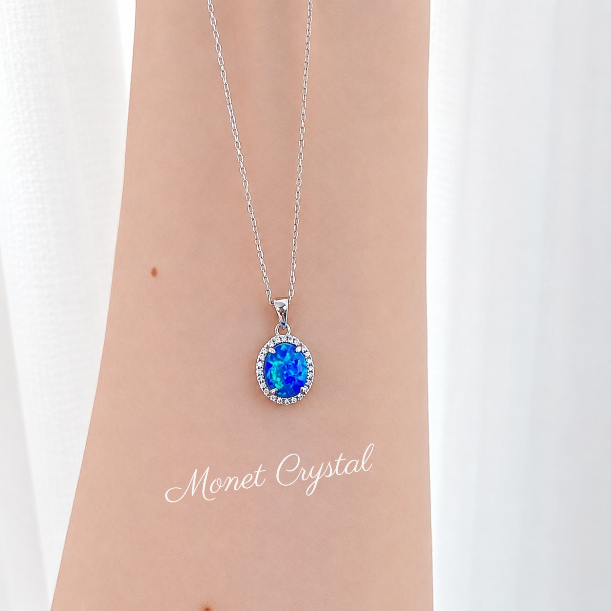“Sunday Light” S925 Sterling Silver Oval Opal Zircon Necklace