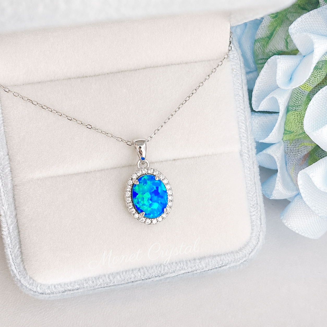 “Sunday Light” S925 Sterling Silver Oval Opal Zircon Necklace