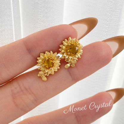 “Sunlit Bloom” 10K Gold Plated S925 Sterling Silver Natural Citrine Sunflower Stud Earrings