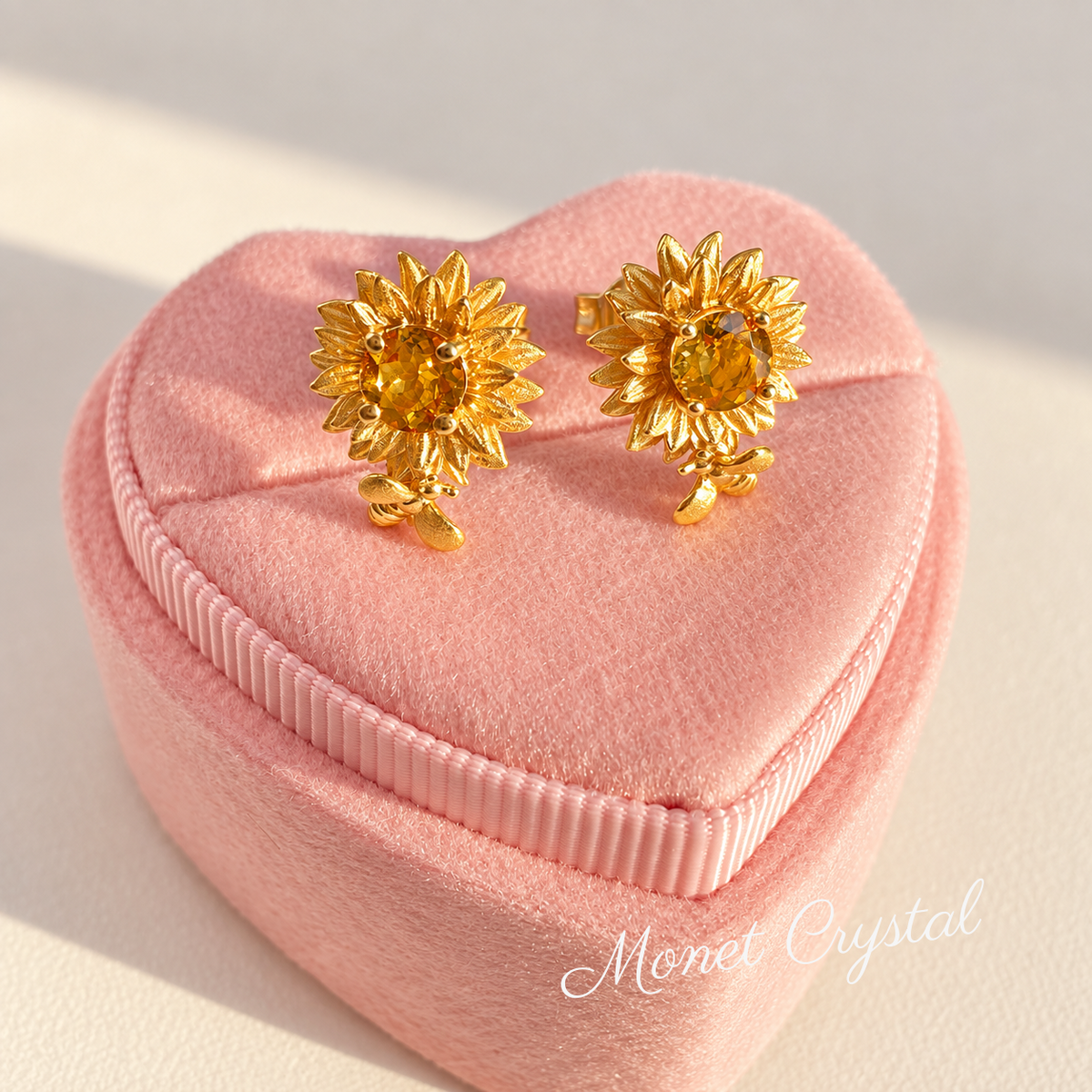 “Sunlit Bloom” 10K Gold Plated S925 Sterling Silver Natural Citrine Sunflower Stud Earrings