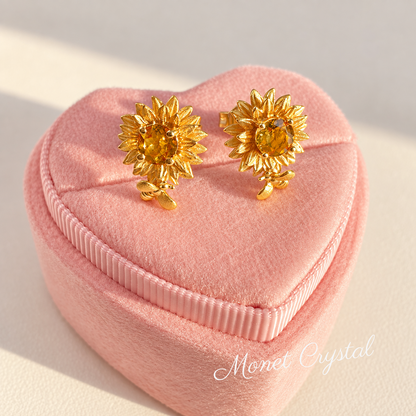 “Sunlit Bloom” 10K Gold Plated S925 Sterling Silver Natural Citrine Sunflower Stud Earrings