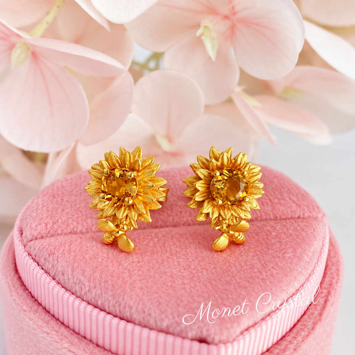 “Sunlit Bloom” 10K Gold Plated S925 Sterling Silver Natural Citrine Sunflower Stud Earrings