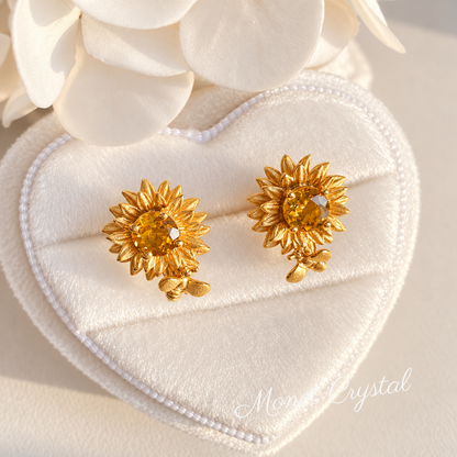 “Sunlit Bloom” 10K Gold Plated S925 Sterling Silver Natural Citrine Sunflower Stud Earrings