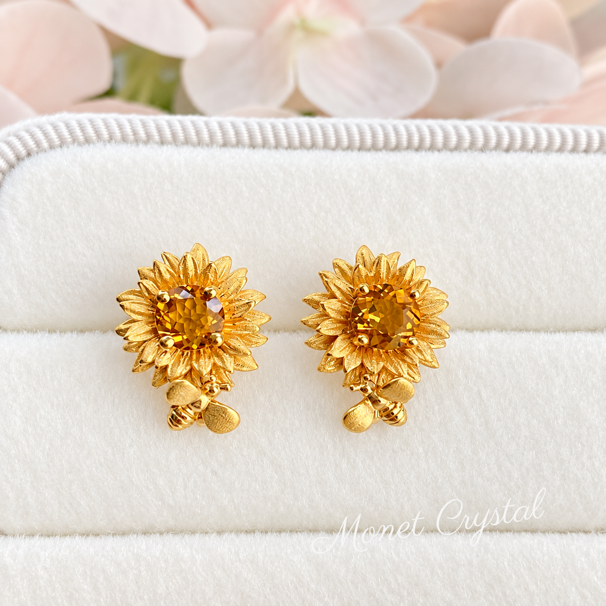 “Sunlit Bloom” 10K Gold Plated S925 Sterling Silver Natural Citrine Sunflower Stud Earrings