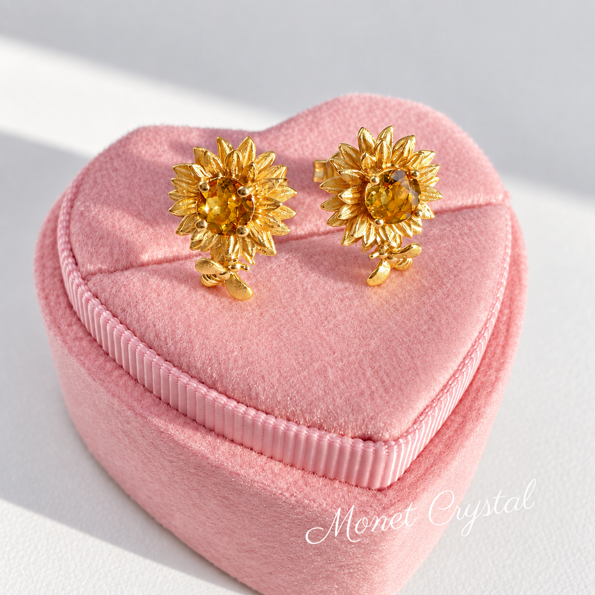 “Sunlit Bloom” 10K Gold Plated S925 Sterling Silver Natural Citrine Sunflower Stud Earrings