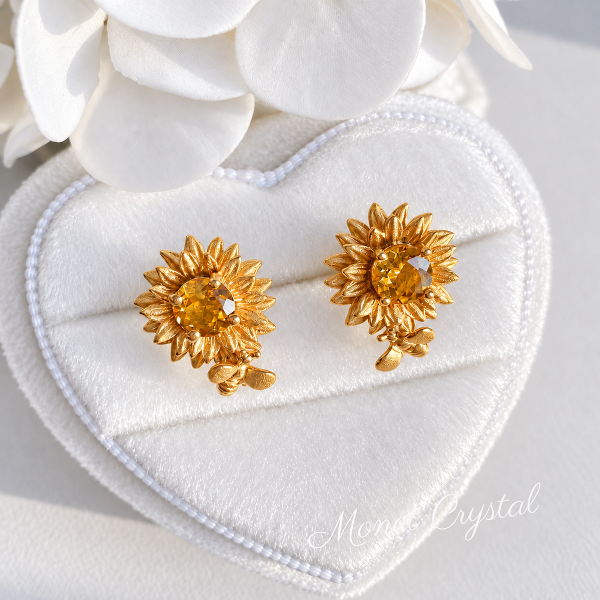 “Sunlit Bloom” 10K Gold Plated S925 Sterling Silver Natural Citrine Sunflower Stud Earrings