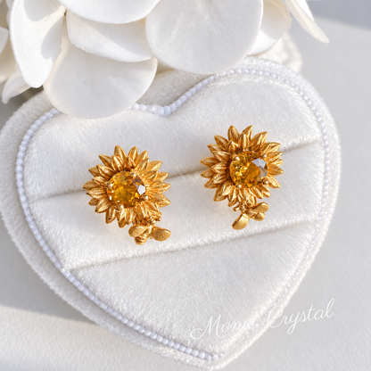 “Sunlit Bloom” 10K Gold Plated S925 Sterling Silver Natural Citrine Sunflower Stud Earrings