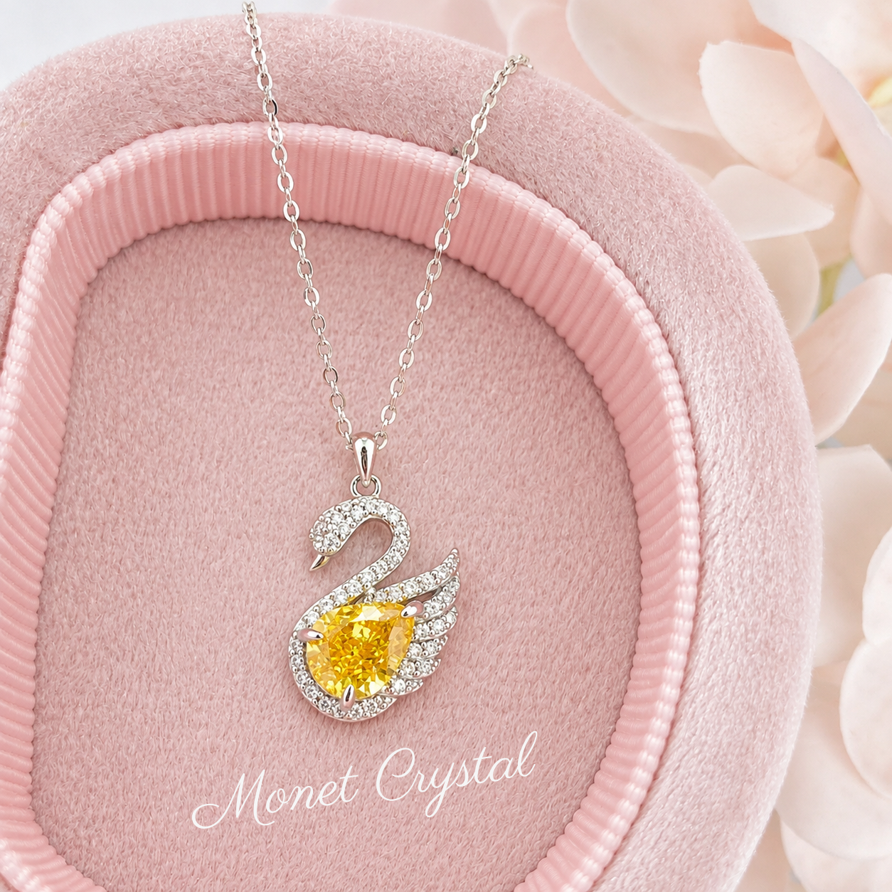 “Swan Lake” S925 Sterling Silver Yellow Pear-Cut Swan Necklace