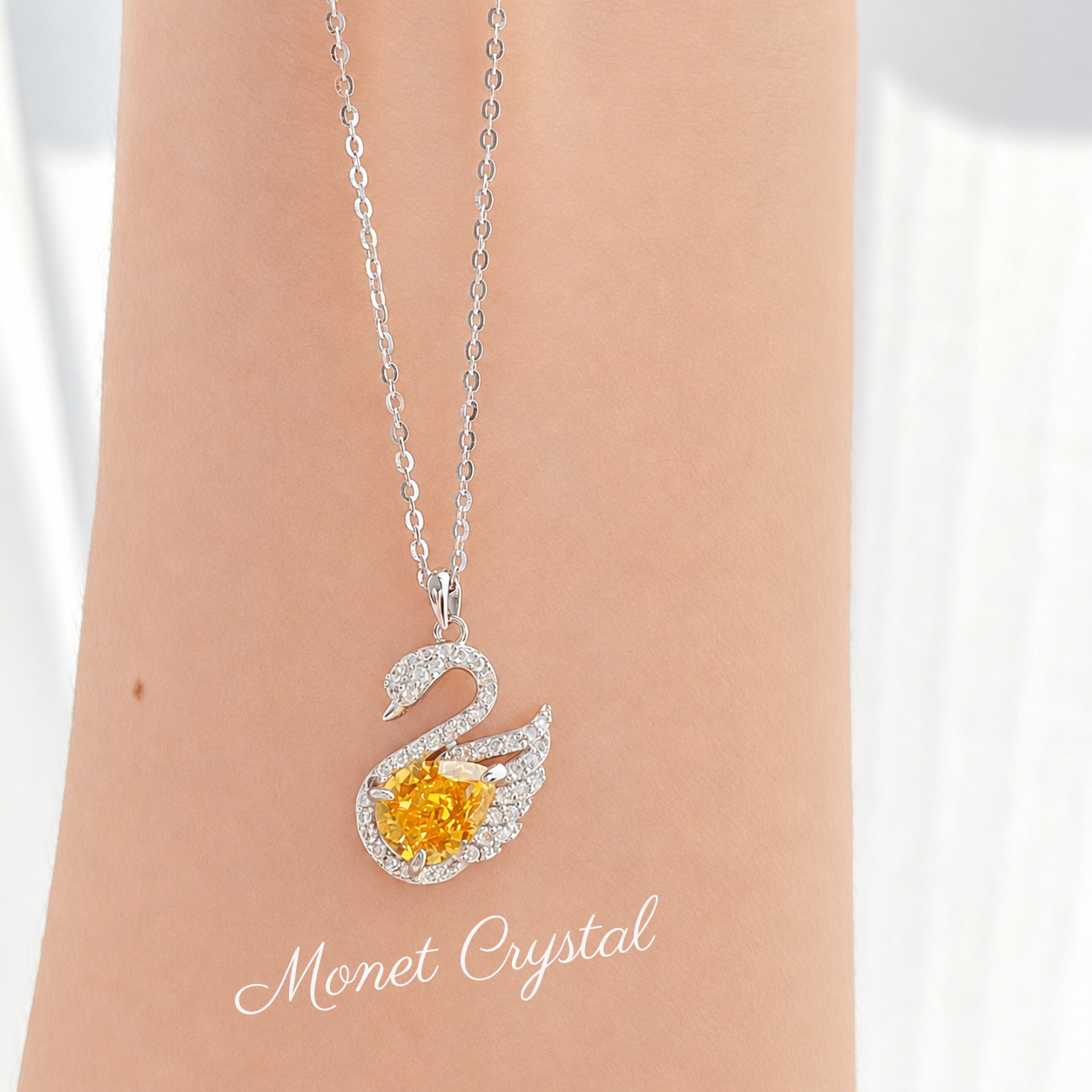 “Swan Lake” S925 Sterling Silver Yellow Pear-Cut Swan Necklace