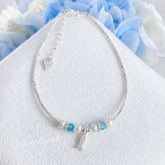 "This Little Fish Cares" 925 Sterling Silver Chunky-Link Bracelet – Aquamarine & Pearl Whisper