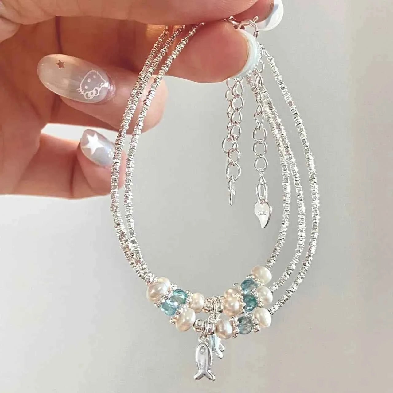 "This Little Fish Cares" 925 Sterling Silver Chunky-Link Bracelet – Aquamarine & Pearl Whisper
