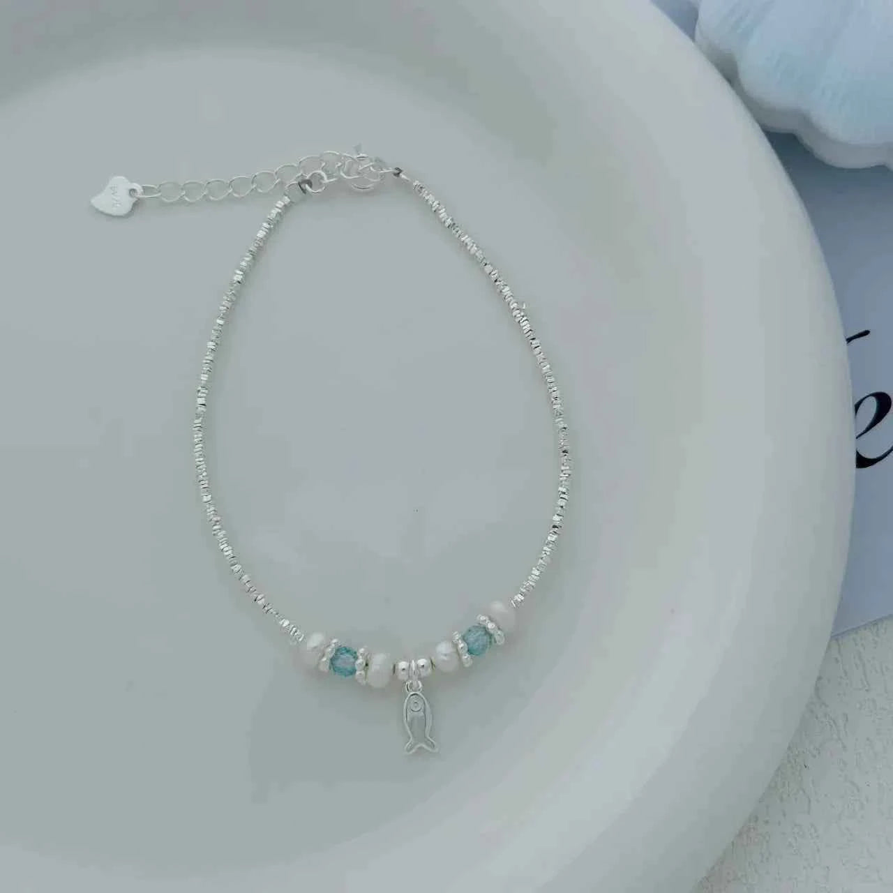"This Little Fish Cares" 925 Sterling Silver Chunky-Link Bracelet – Aquamarine & Pearl Whisper