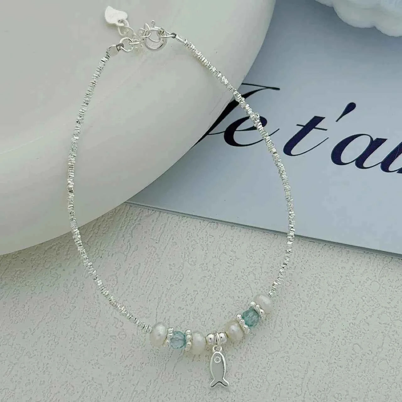 "This Little Fish Cares" 925 Sterling Silver Chunky-Link Bracelet – Aquamarine & Pearl Whisper