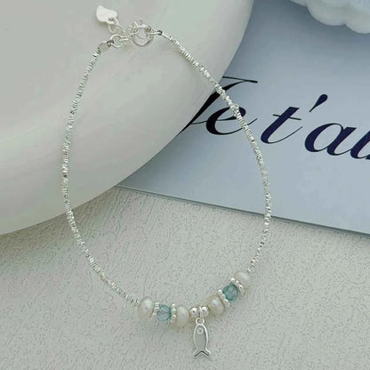 "This Little Fish Cares" 925 Sterling Silver Chunky-Link Bracelet – Aquamarine & Pearl Whisper