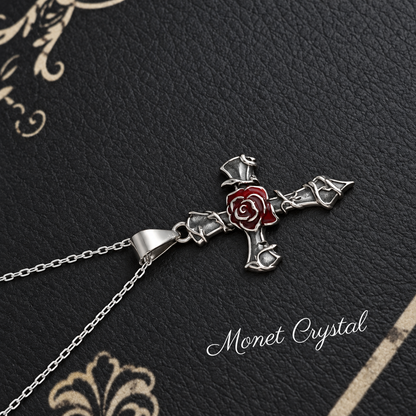 “Thorned Rose” S925 Sterling Silver Rose & Thorn Cross Necklace