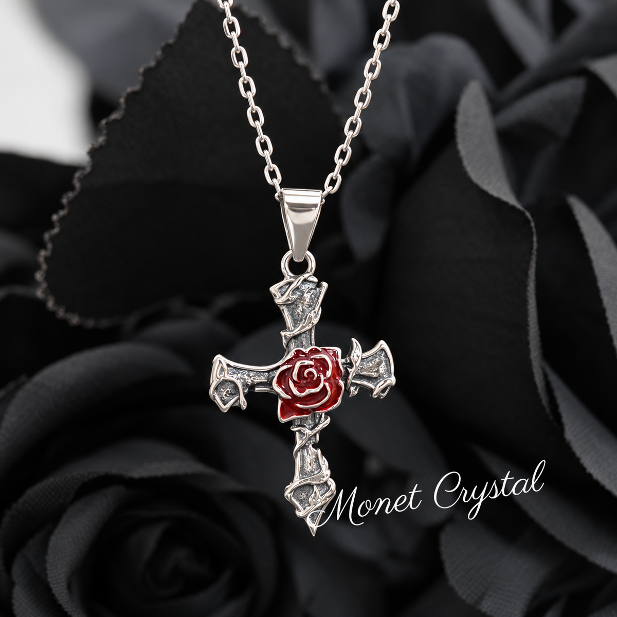 “Thorned Rose” S925 Sterling Silver Rose & Thorn Cross Necklace