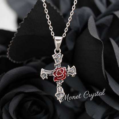 “Thorned Rose” S925 Sterling Silver Rose & Thorn Cross Necklace