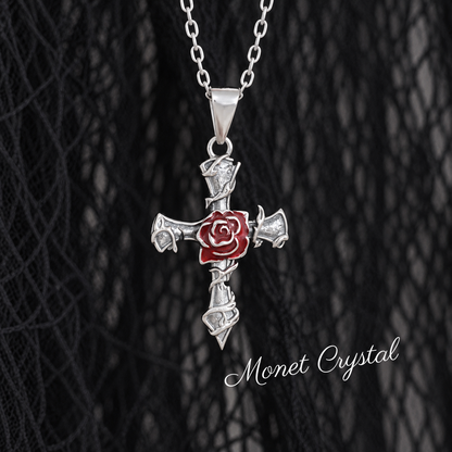 “Thorned Rose” S925 Sterling Silver Rose & Thorn Cross Necklace