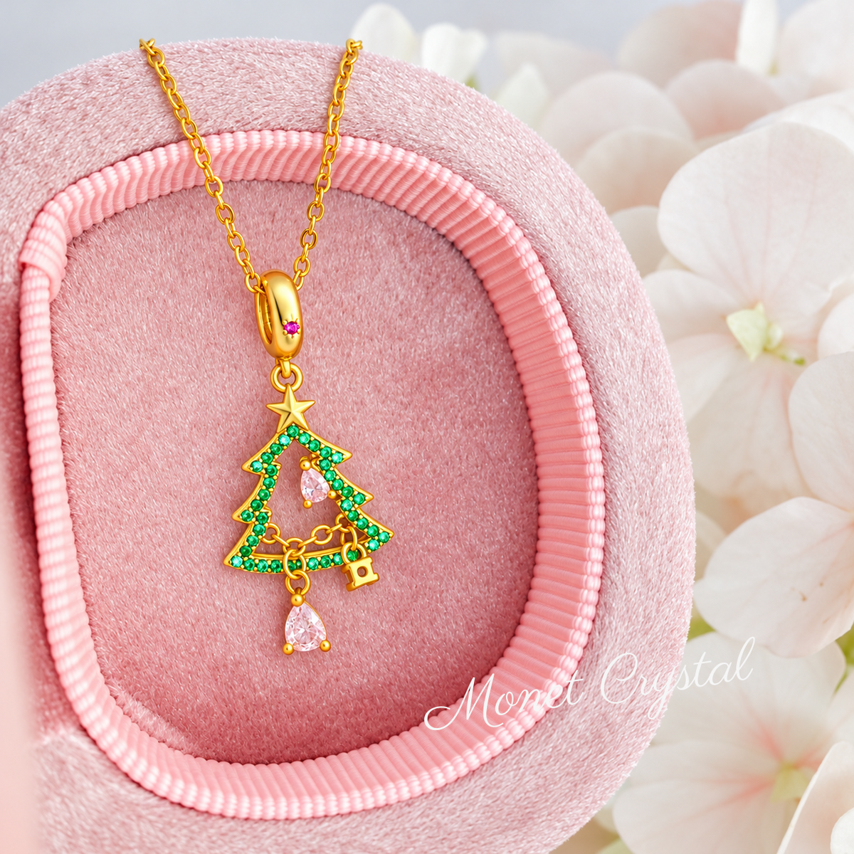 “Trim the Tree” Gold-Tone S925 Sterling Silver Zircon Christmas Tree Necklace