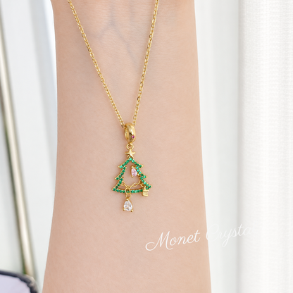 “Trim the Tree” Gold-Tone S925 Sterling Silver Zircon Christmas Tree Necklace
