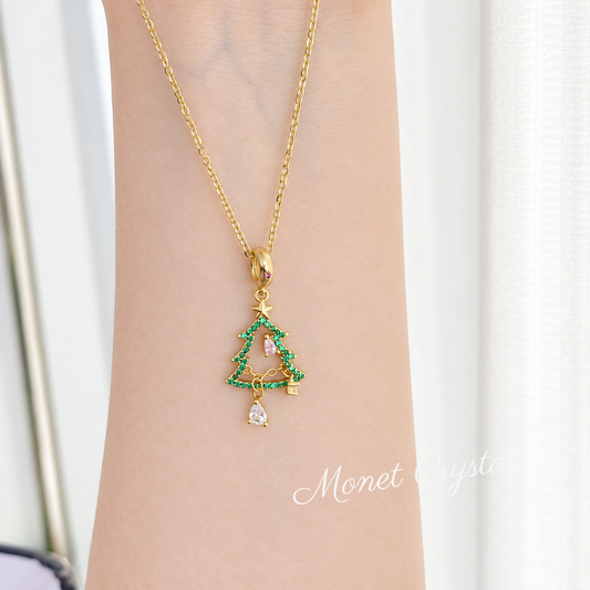 “Trim the Tree” Gold-Tone S925 Sterling Silver Zircon Christmas Tree Necklace