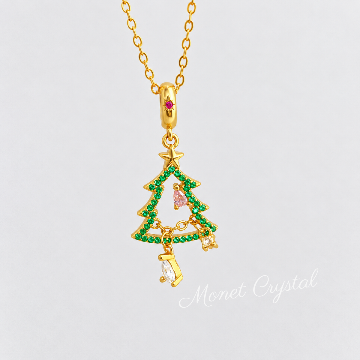 “Trim the Tree” Gold-Tone S925 Sterling Silver Zircon Christmas Tree Necklace