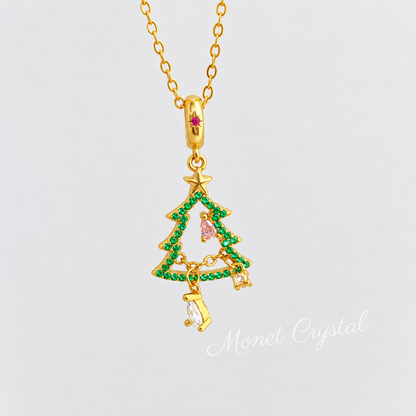 “Trim the Tree” Gold-Tone S925 Sterling Silver Zircon Christmas Tree Necklace