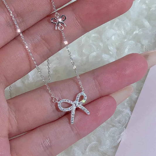 "Ultra-Glam Bow" 925 Sterling Silver Bow Necklace with 5A Zircon – Luxe, Dainty, Statement
