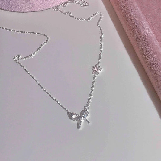 "Ultra-Glam Bow" 925 Sterling Silver Bow Necklace with 5A Zircon – Luxe, Dainty, Statement