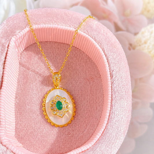 “Verdant Bloom” 14K Gold Plated S925 Sterling Silver Mother-of-Pearl Green Stone Necklace