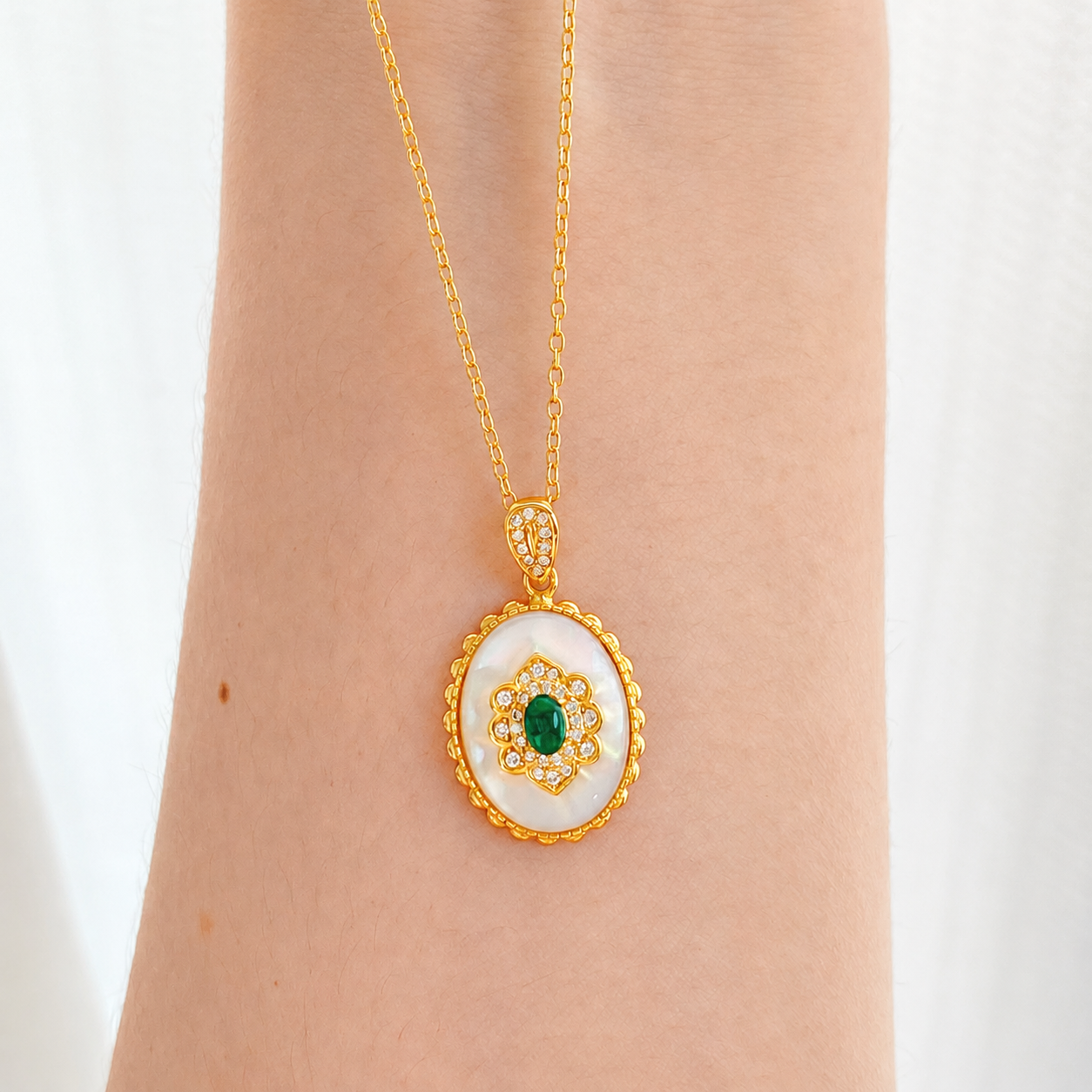 “Verdant Bloom” 14K Gold Plated S925 Sterling Silver Mother-of-Pearl Green Stone Necklace
