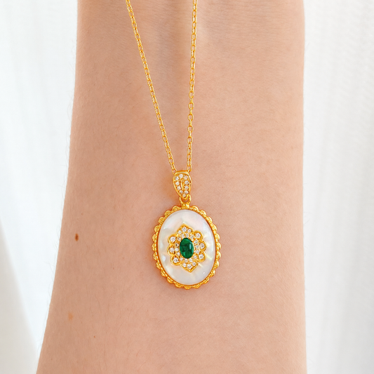 “Verdant Bloom” 14K Gold Plated S925 Sterling Silver Mother-of-Pearl Green Stone Necklace
