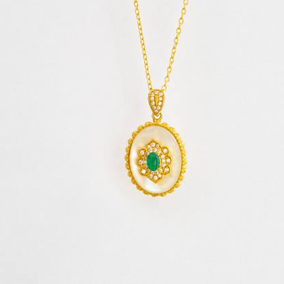 “Verdant Bloom” 14K Gold Plated S925 Sterling Silver Mother-of-Pearl Green Stone Necklace