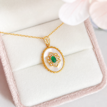 “Verdant Bloom” 14K Gold Plated S925 Sterling Silver Mother-of-Pearl Green Stone Necklace