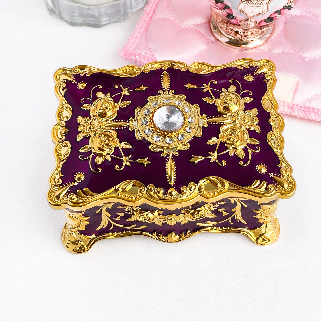 Versailles Rose Palace Jewelry Box – Vintage Enamel & Rhinestone Trinket Case