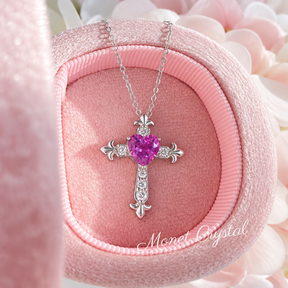 “Violet Devotion” S925 Sterling Silver Natural Amethyst Heart Cross Necklace