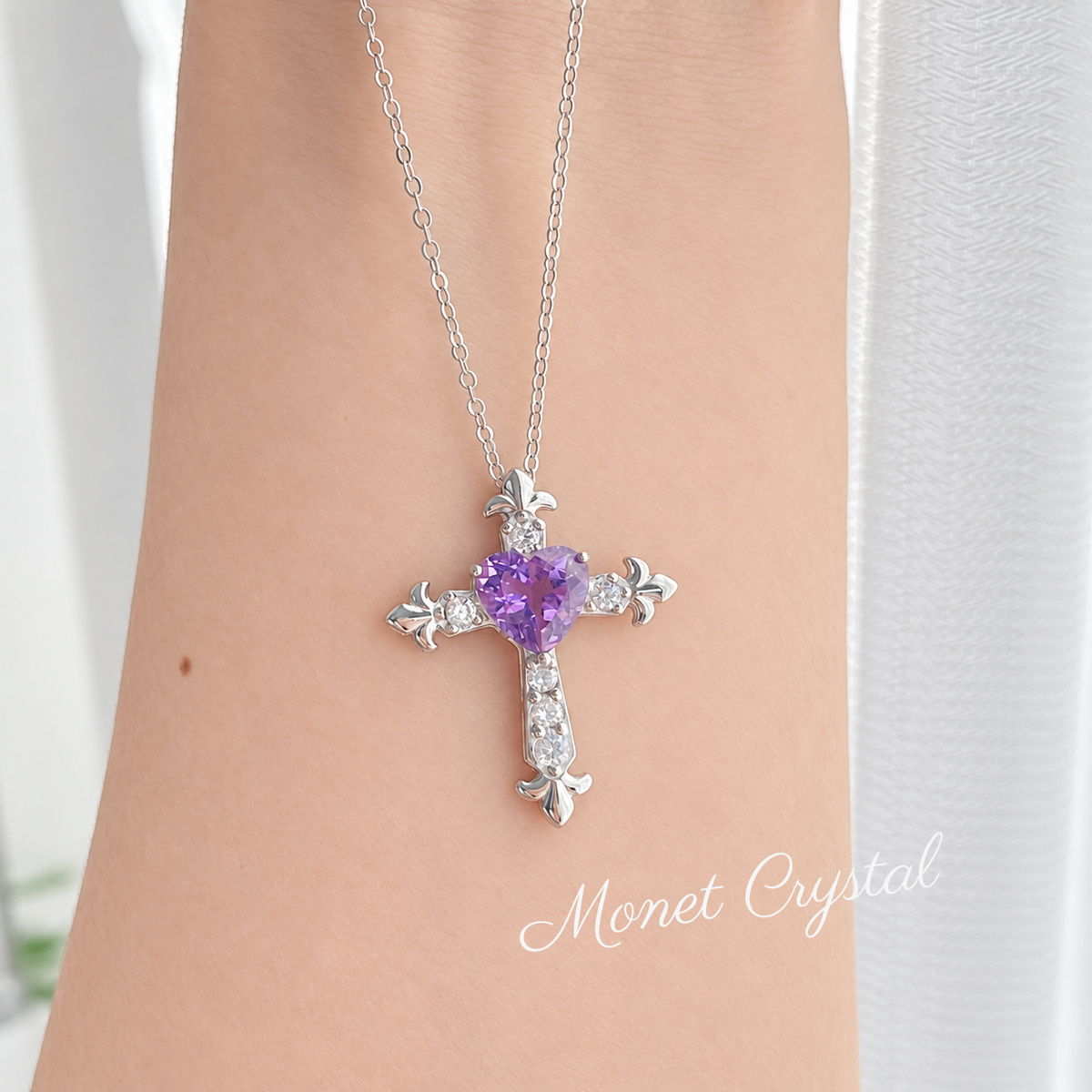 “Violet Devotion” S925 Sterling Silver Natural Amethyst Heart Cross Necklace