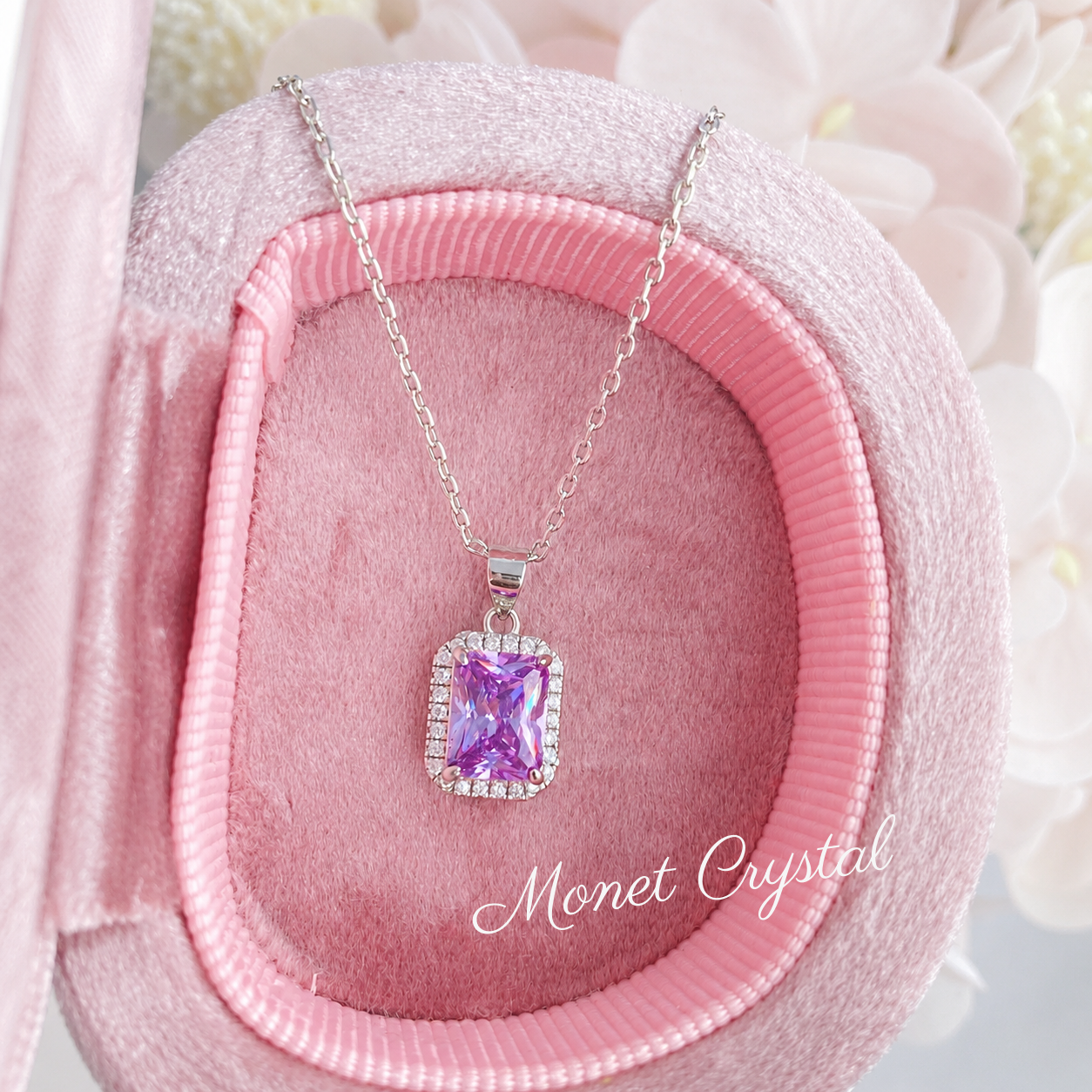 “Violet Evening” S925 Sterling Silver 2CT Purple Zircon Halo Necklace