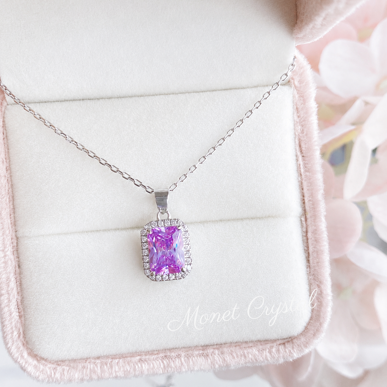 “Violet Evening” S925 Sterling Silver 2CT Purple Zircon Halo Necklace