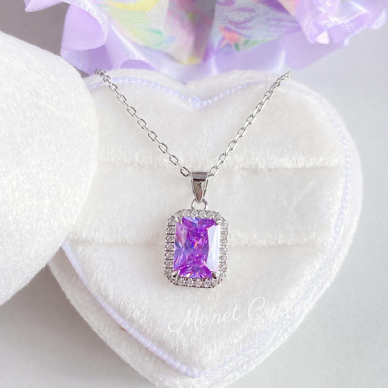 “Violet Evening” S925 Sterling Silver 2CT Purple Zircon Halo Necklace
