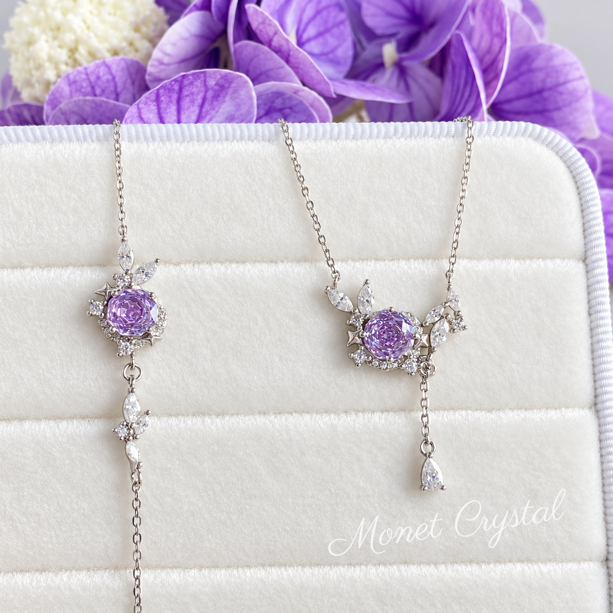 “Violet Rose” Platinum Plated S925 Sterling Silver Rose-Cut Zircon Necklace & Bracelet Set