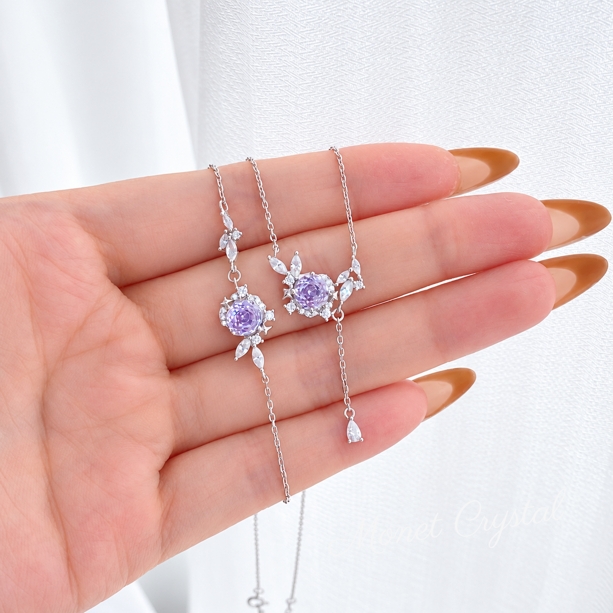 “Violet Rose” Platinum Plated S925 Sterling Silver Rose-Cut Zircon Necklace & Bracelet Set