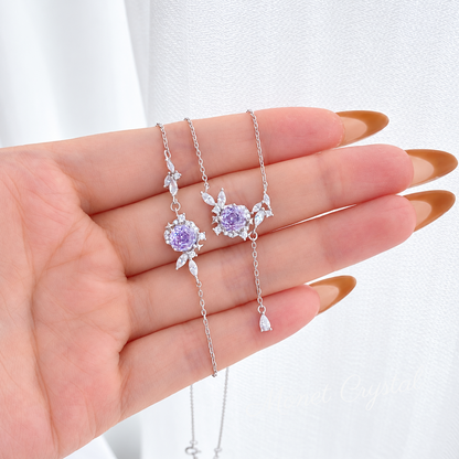 “Violet Rose” Platinum Plated S925 Sterling Silver Rose-Cut Zircon Necklace & Bracelet Set