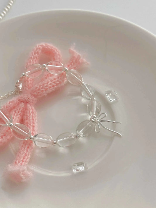 "White lce Crystal" 925 Sterling Silver Bowknot WhiteCrystal Bead Bracelet-Delicate,Pure, and Elegant.