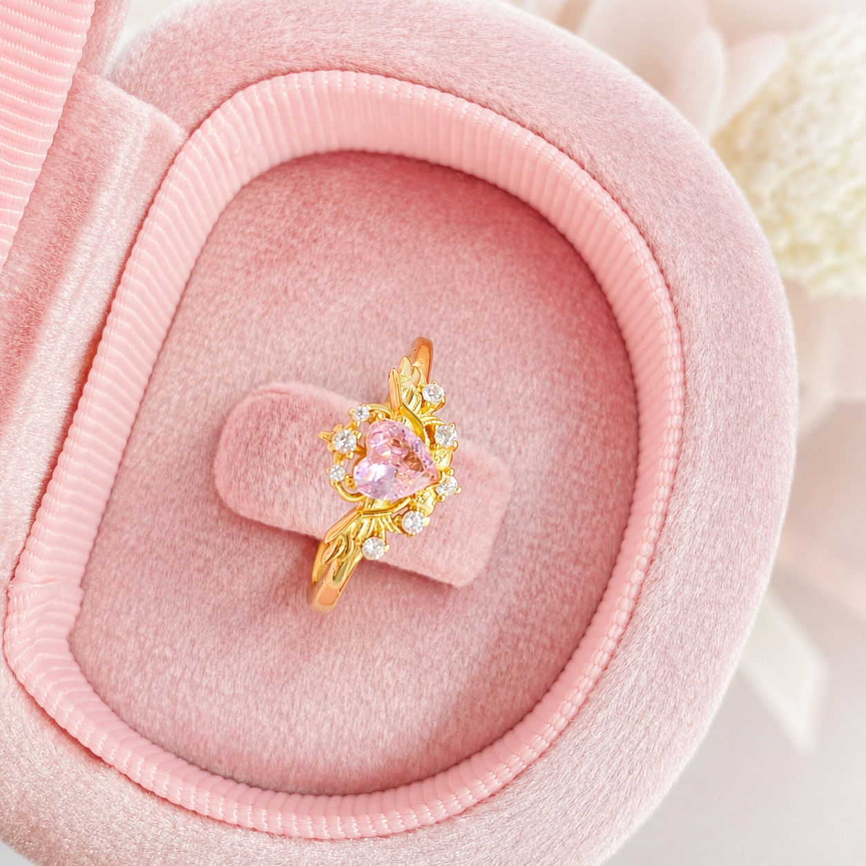 “Winged Heart” S925 Sterling Silver Pink Heart Angel Wing Adjustable Ring